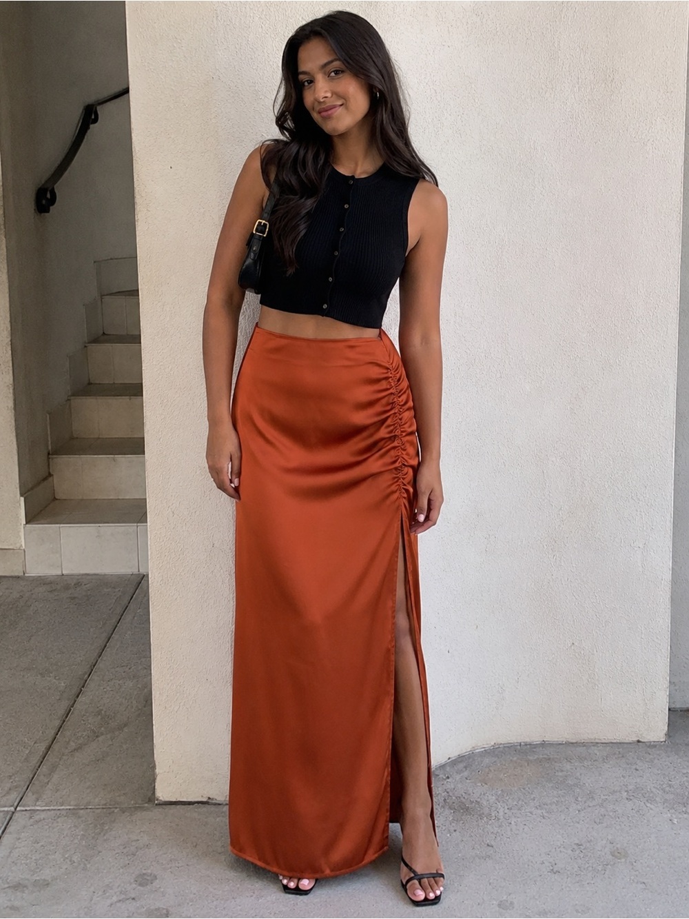 Abercrombie & Fitch Satin Midaxi Skirt- Papaya Rust